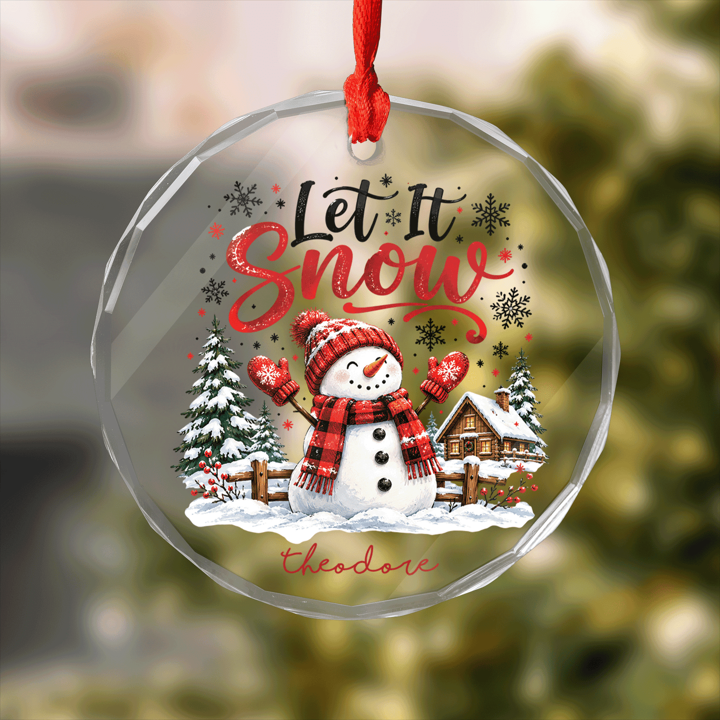 Personalized Let It Snow Glass Christmas Ornament, Custom Name Snowman Holiday Gift