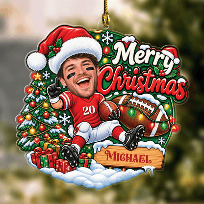 Personalized Merry Christmas Football Player Photo Acrylic Ornament, Custom Name Jersey American Football Boy Xmas Tree Hanging Decor Keepsake, Sports Holiday Gift