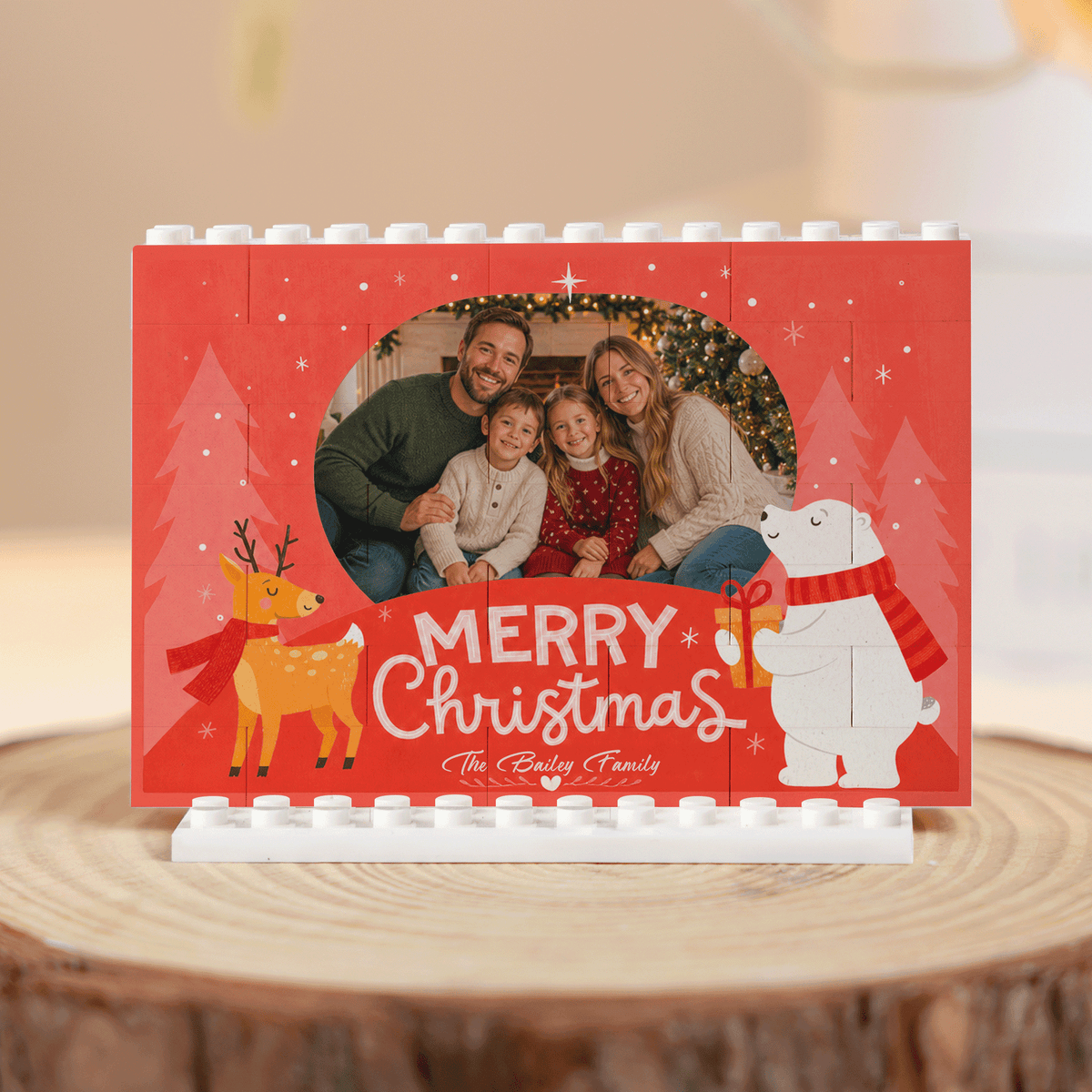 Personalized Photo Christmas Building Block in Crimson Red, Custom Family Name Reindeer & Polar Bear Brick Puzzle Keepsake Decor, Festive Holiday Desk Gift