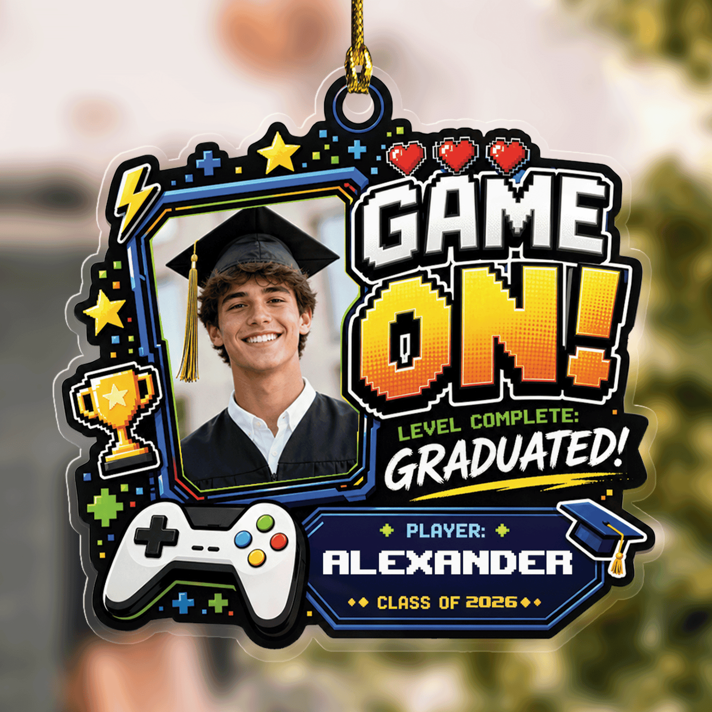 Game On Level Complete Graduated Personalized Acrylic Ornament with Photo, Custom Name Graduation Gift