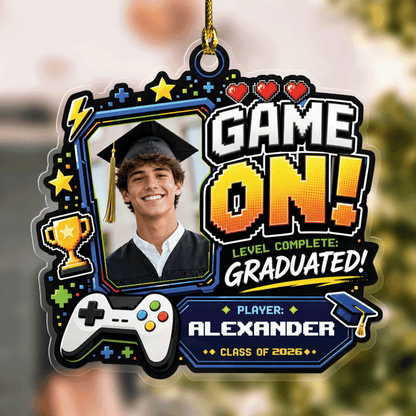 Game On Level Complete Graduated Personalized Acrylic Ornament with Photo, Custom Name Graduation Gift