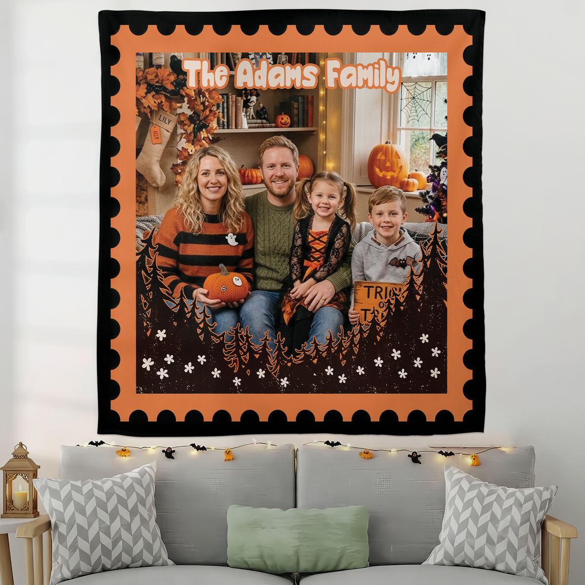 Personalized Halloween Postage Stamp Forest Photo Tapestry, Custom Family Photo Name Wall Hanging Decor, Spooky Pine Trees Party Backdrop
