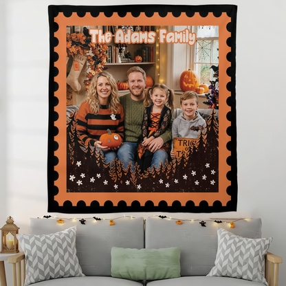Personalized Halloween Postage Stamp Forest Photo Tapestry, Custom Family Photo Name Wall Hanging Decor, Spooky Pine Trees Party Backdrop
