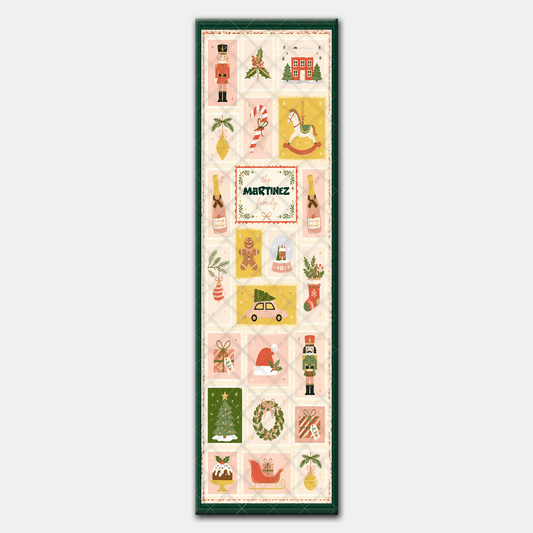 Full length holiday postcard runner design with pastel stamp squares, gingerbread, wreath and green border