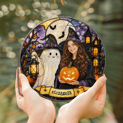 Personalized Halloween Witch Custom Photo Ghost Lantern Pumpkin Stained Glass Suncatcher Window Hanging Custom Name Home Wall Decor