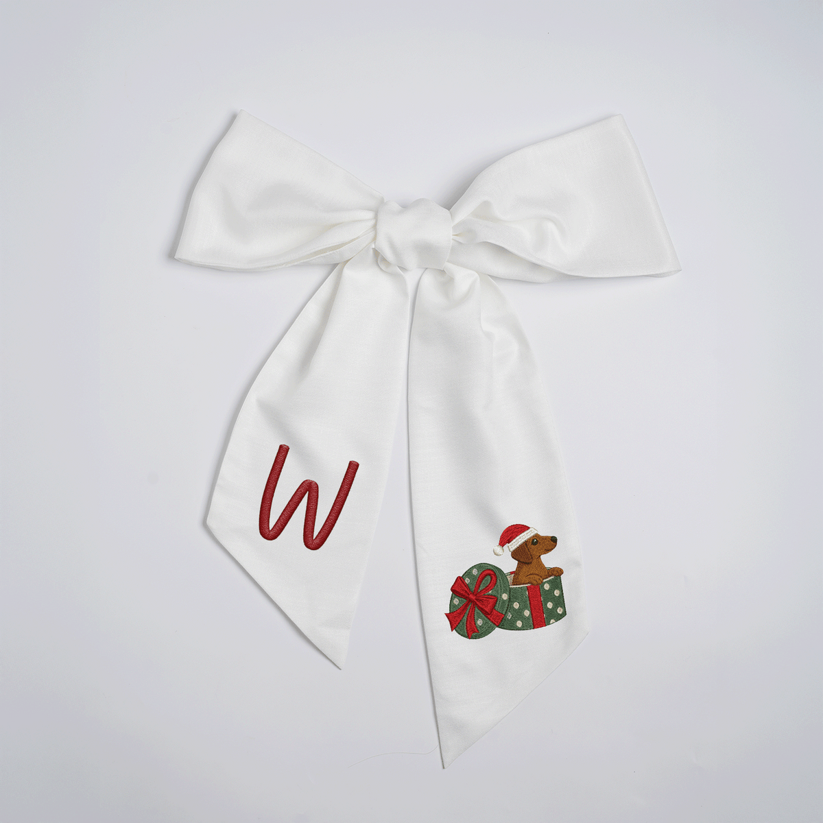 Personalized Monogram Christmas Dog in Present Box Embroidered Linen Door Wreath Sash, Custom Initial Holiday Dachshund Wreath Bow Sash Decor, Festive Front Door Home Accessories