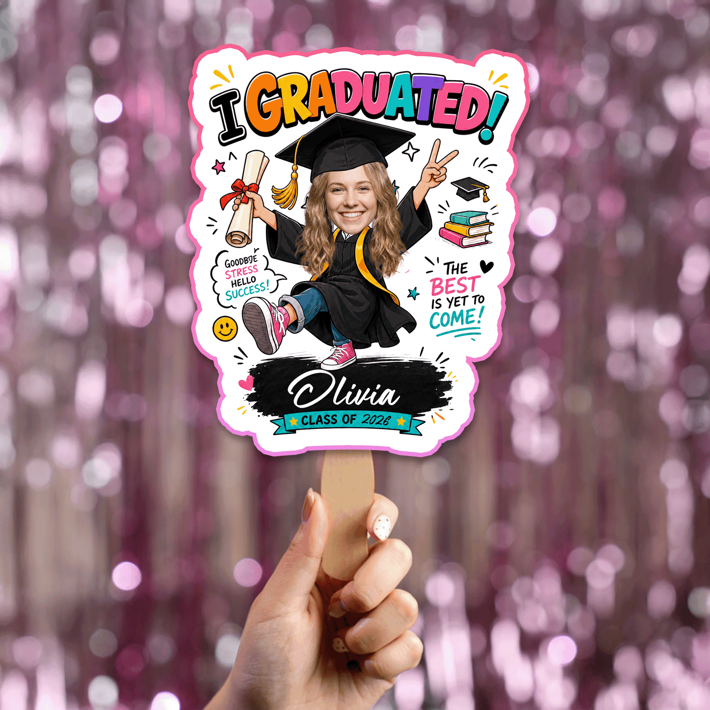 I Graduated Custom Name Custom Shape Hand Fan Graduation Party Fan