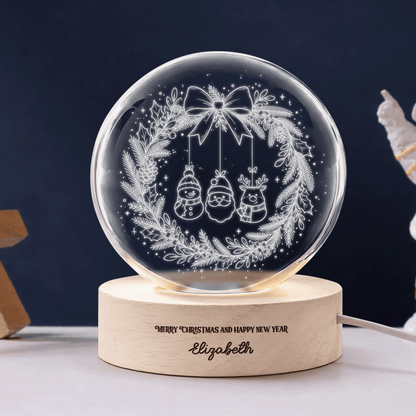 Custom Hanging Christmas Characters Ornament Wreath 3D Laser Engraved Crystal Ball with LED Wooden Standee, Personalized Name Holiday Night Light Keepsake