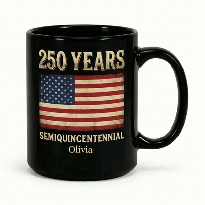 America 250 Semiquincentennial Personalized Black Mug – Custom Name Patriotic USA Flag Mug 1776–2026