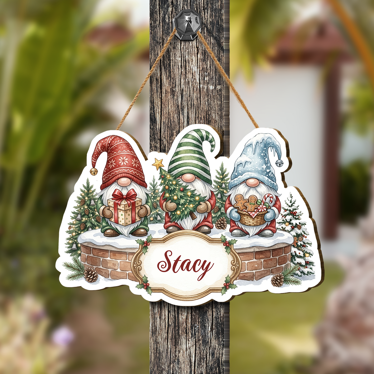 Personalized Christmas Gnomes Custom Shape Wood Sign, Custom Family Name Three Holiday Gnomes Brick Wall Wooden Hanging Plaque, Festive Christmas Door & Wall Decor Family Gift