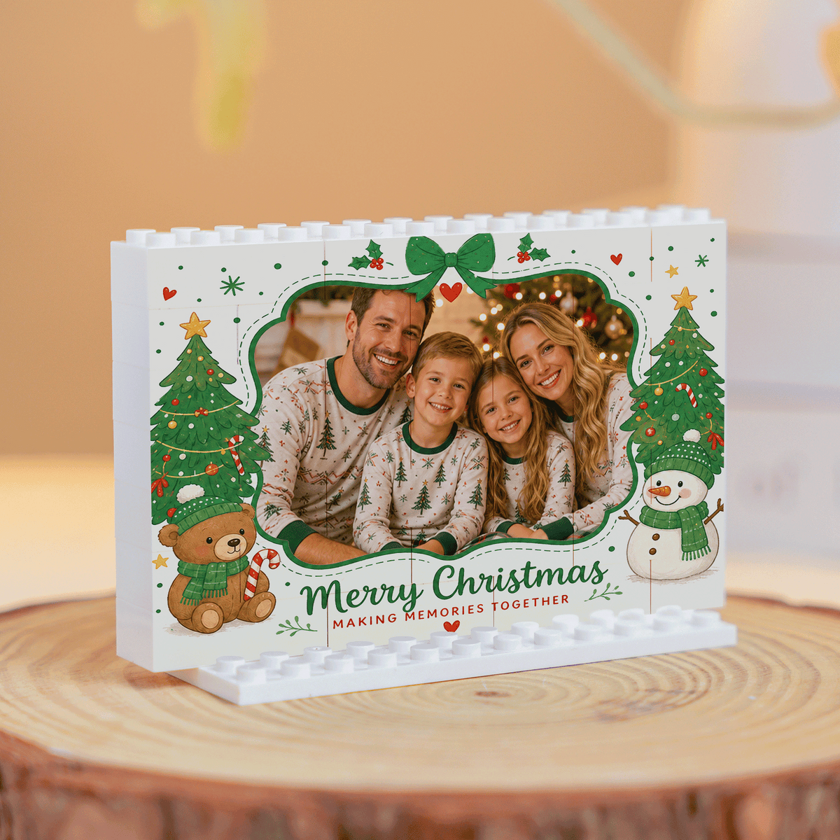 Personalized Photo Horizontal Christmas Building Block in Off-White & Green, Custom Family Picture Twin Xmas Trees & Teddy Bear Brick Puzzle Keepsake Decor, Festive Holiday Desk Gift