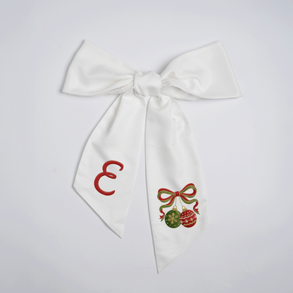 Custom Monogram Christmas Ornaments Embroidered Linen Door Wreath Sash, Personalized Initial Red Green Baubles Ribbon Holiday Wreath Sash & Front Door Decor