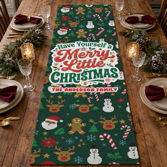 Green knit sweater style quilt runner reading Have Yourself a Merry Little Christmas with custom family name and Santa, reindeer, snowmen