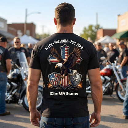 250 Years of Freedom Shirt 1776–2026 – Patriotic Eagle Cross Faith USA T-Shirt Personalized Name Tee