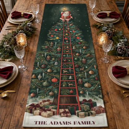 Personalized Family Name Santa Climbing Ladder Quilt Table Runner, Custom Vintage Christmas Tree Quilted Table Runner Decor, Nostalgic Holiday Dining Room Table Topper