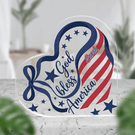 God Bless America Heart Shape Acrylic Plaque – Patriotic USA Keepsake