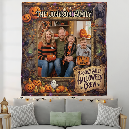 Personalized Halloween Spooky Silly Crew Photo Tapestry, Custom Family Photo Name Wall Hanging Decor, Spooky Pumpkin Black Cat Party Backdrop