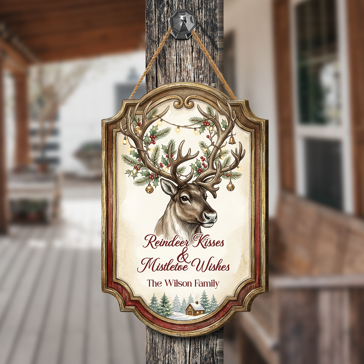 Personalized Reindeer Custom Shape Wood Sign, Custom Family Name Reindeer Kisses Mistletoe Wishes Wooden Hanging Plaque, Festive Christmas Door & Wall Decor Family Gift