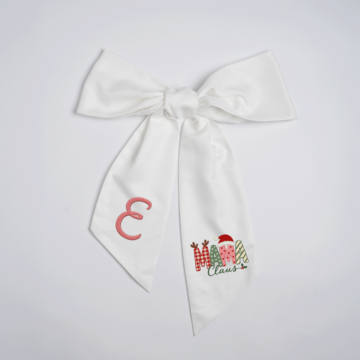 Custom Monogram Mama Claus Embroidered Linen Door Wreath Sash, Personalized Initial Santa Hat Reindeer Festive Typography Holiday Wreath Sash & Front Door Decor