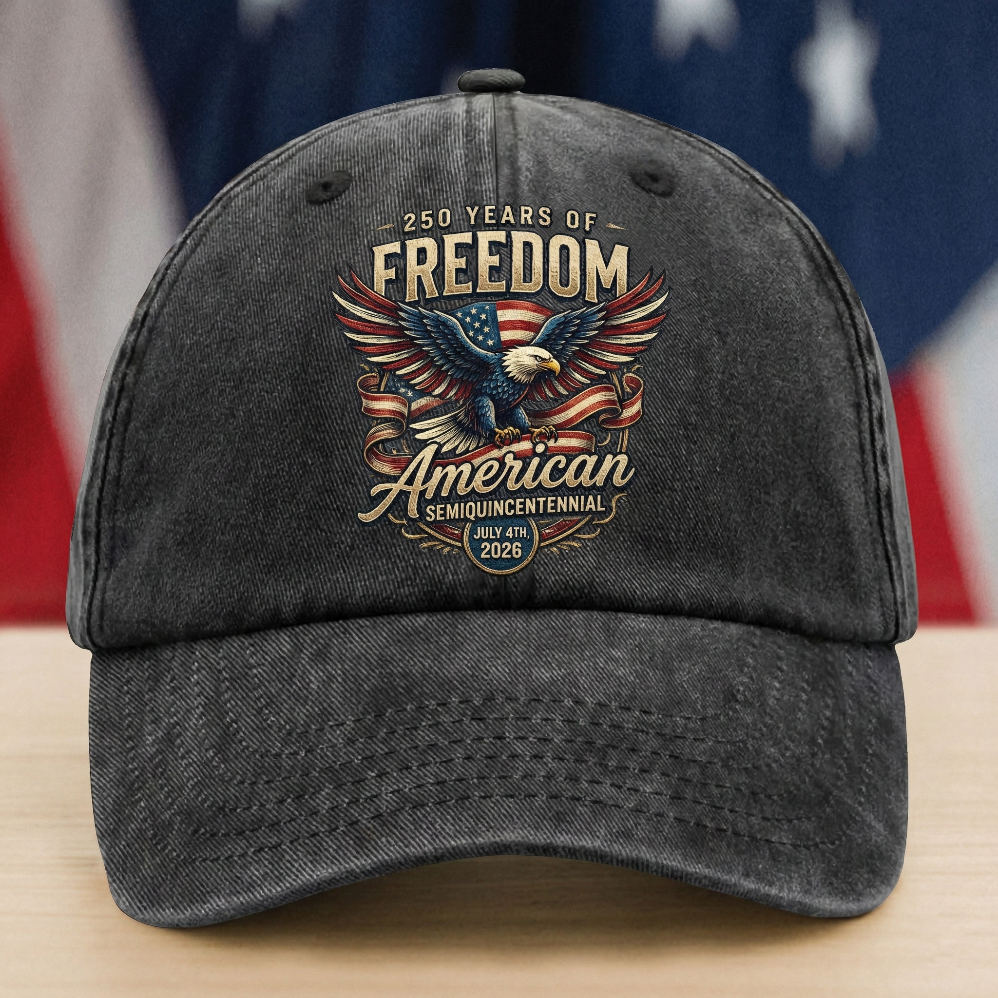 250 Years of Freedom American Eagle Washed Denim Baseball Cap – Custom Name Patriotic USA Hat 1776-2026