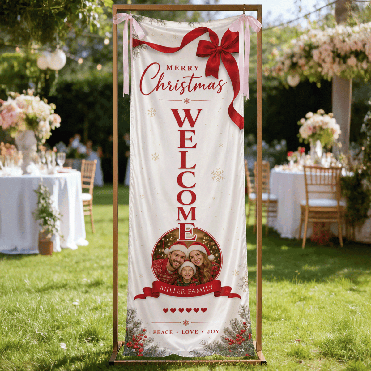 Custom Photo Elegant Red Bow Christmas Family Fabric Welcome Banner, Personalized Family Name Entrance Hanging Sign with Ribbon Ties, Vertical Classic Xmas Party Decor