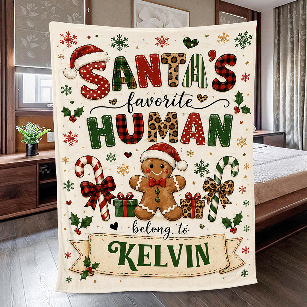 Personalized Santa's Favorite Human Belong To Custom Name Blanket, Gingerbread Man Festive Pattern Fleece Throw Blanket, Funny Christmas Gifts for Couples & Family