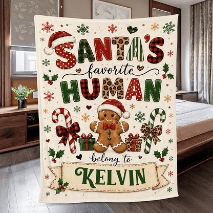 Personalized Santa's Favorite Human Belong To Custom Name Blanket, Gingerbread Man Festive Pattern Fleece Throw Blanket, Funny Christmas Gifts for Couples & Family