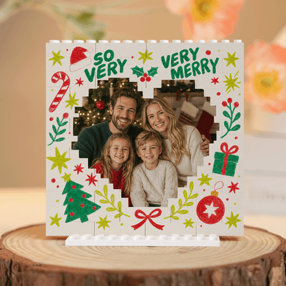 Personalized Photo Christmas Building Block in White, Custom Family Picture Doodle "So Very Very Merry" Heart Brick Puzzle Keepsake Decor, Festive Holiday Desk Gift