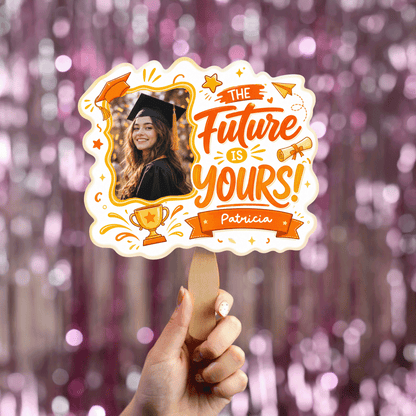 The Future Is Yours Orange Custom Shape Photo Hand Fan with Photo, Name Graduation Party Fan