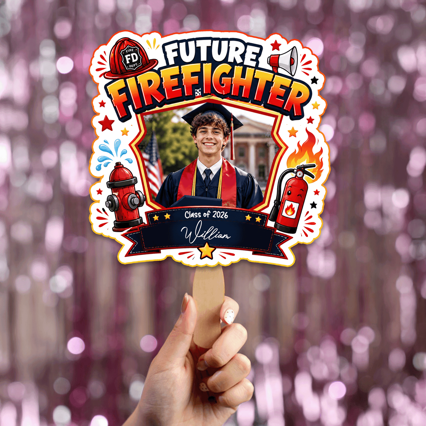 Personalized Future Firefighter Custom Shape Photo Hand Fan, Graduation Fan with Photo & Name
