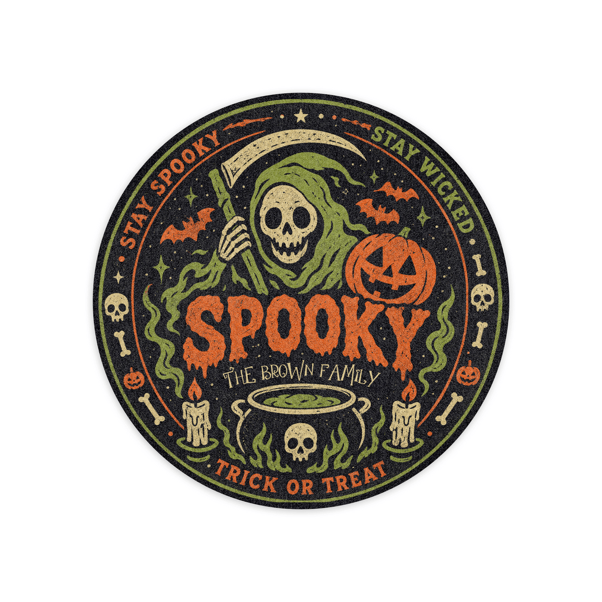 Personalized Halloween Grim Reaper Spooky Cauldron Round Rug Custom Family Name Home Decor Floor Mat