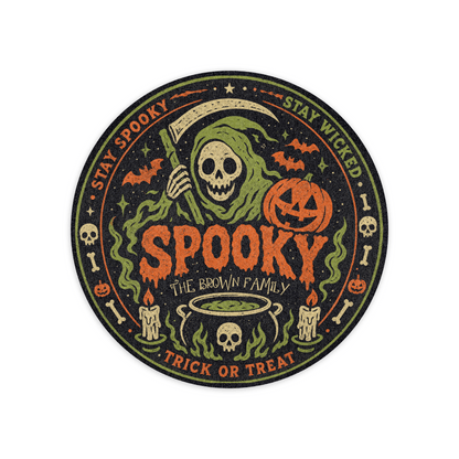 Personalized Halloween Grim Reaper Spooky Cauldron Round Rug Custom Family Name Home Decor Floor Mat