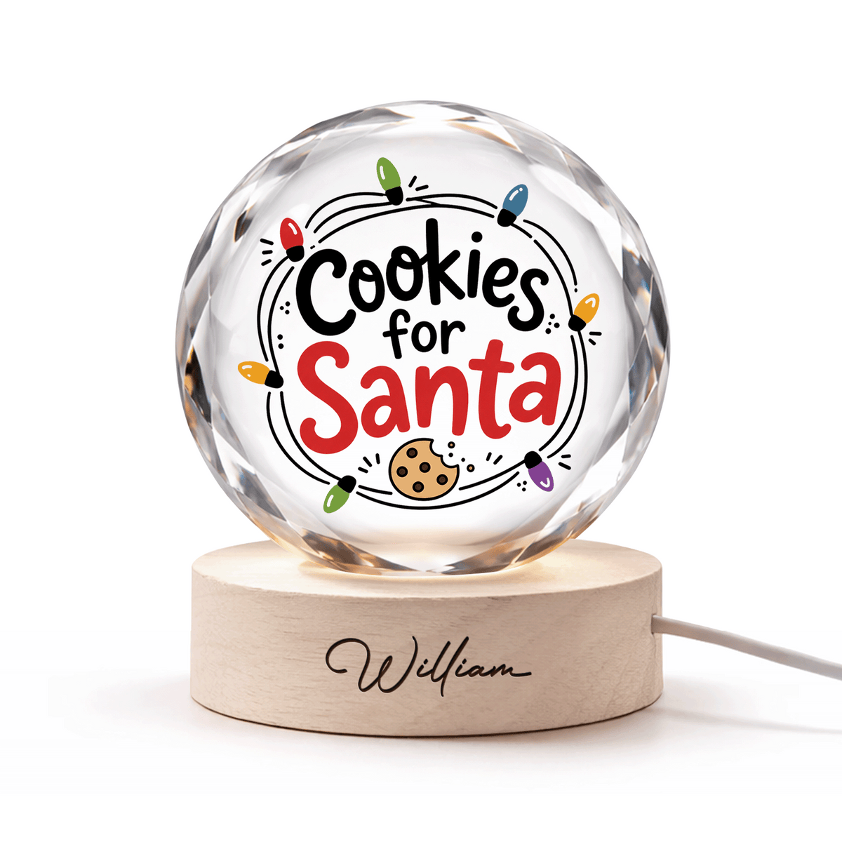 Custom Cookies For Santa Christmas Lights 3D Laser Engraved Crystal Ball with LED Wooden Standee, Personalized Name Holiday Night Light Keepsake