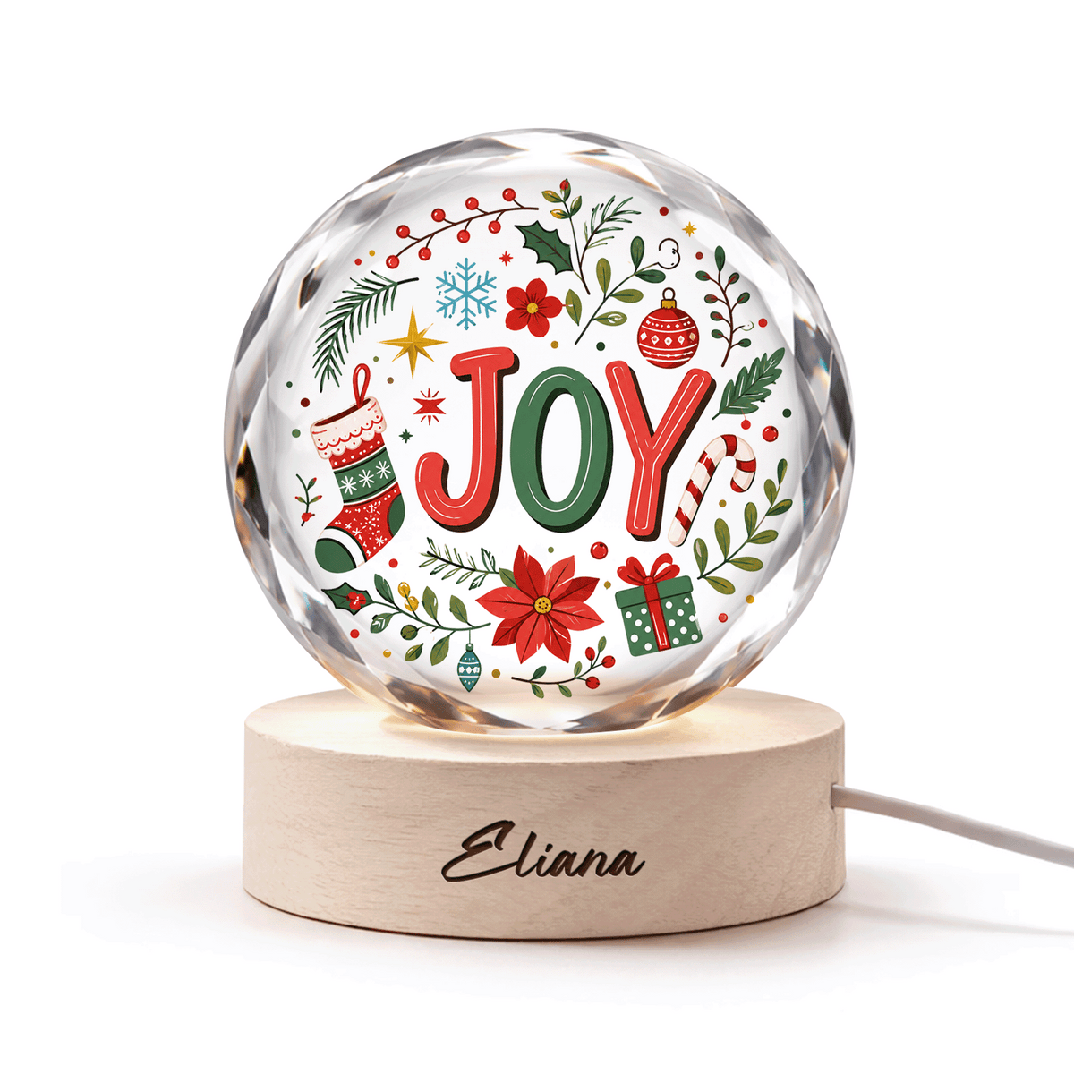 Custom Joy Christmas Wreath Holiday 3D Laser Engraved Crystal Ball with LED Wooden Standee, Personalized Name Holiday Night Light Keepsake