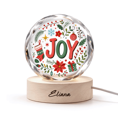 Custom Joy Christmas Wreath Holiday 3D Laser Engraved Crystal Ball with LED Wooden Standee, Personalized Name Holiday Night Light Keepsake