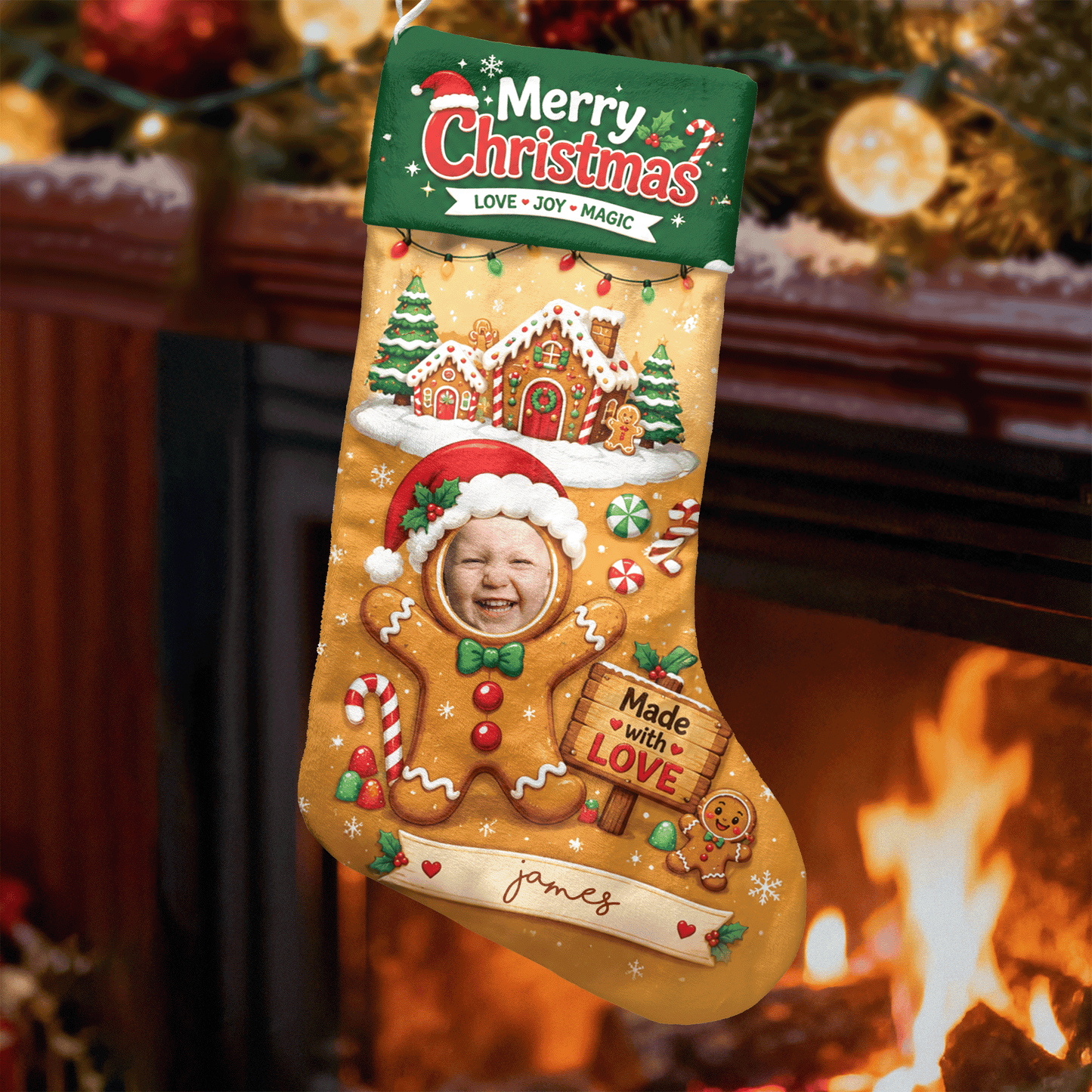 Personalized Made with Love Gingerbread Christmas Stocking with Custom Photo