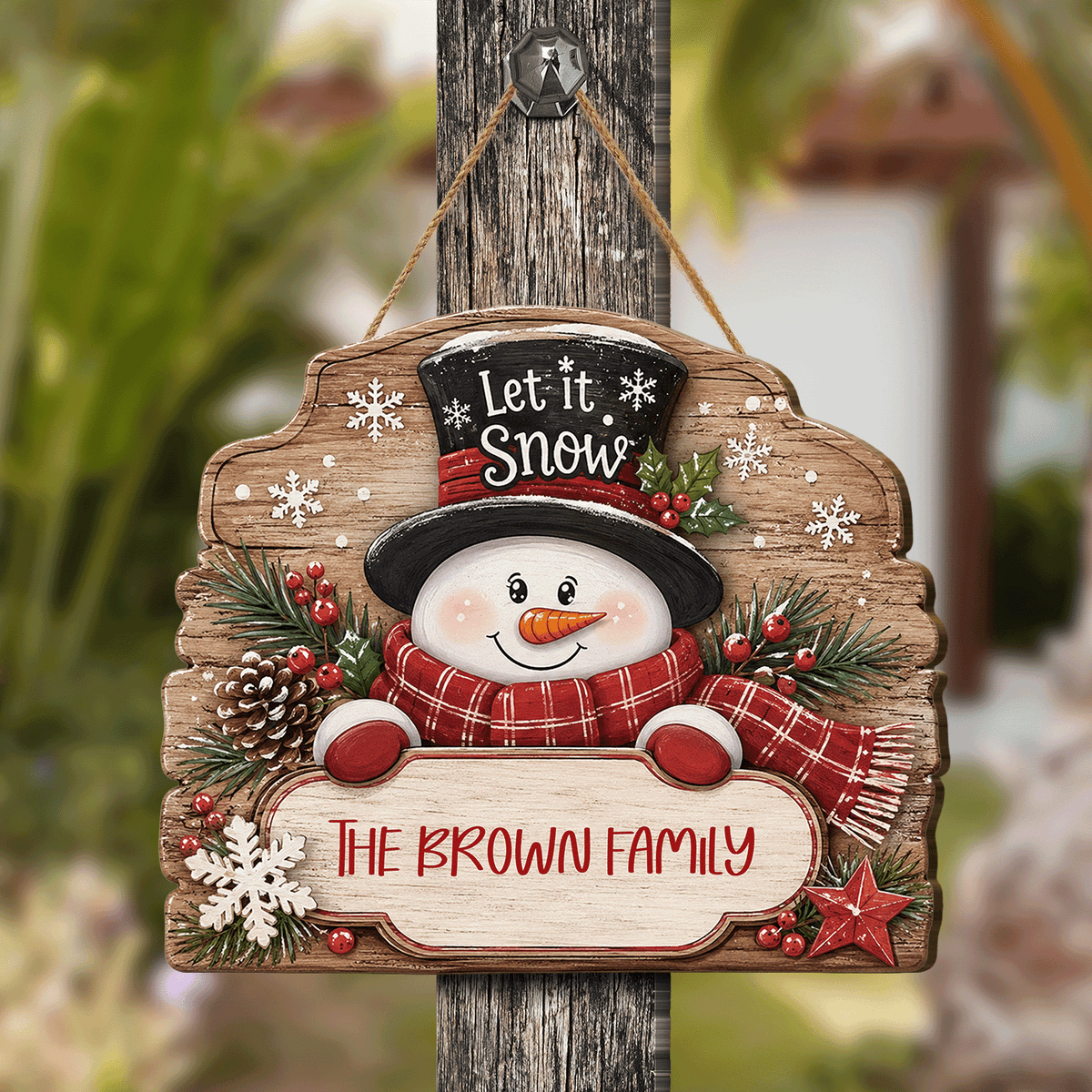 Personalized Snowman Let It Snow Custom Shape Wood Sign, Cute Christmas Door Hanger Custom Family Name Rustic Wooden Plaque, Winter Wall Decor & Holiday Family Gift