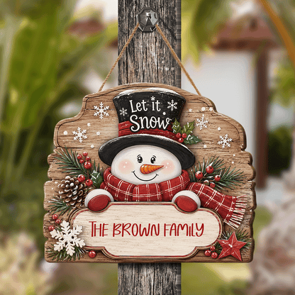 Personalized Snowman Let It Snow Custom Shape Wood Sign, Cute Christmas Door Hanger Custom Family Name Rustic Wooden Plaque, Winter Wall Decor & Holiday Family Gift