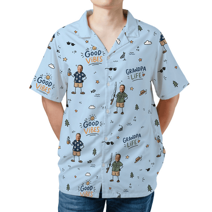 Good Vibes Grandpa Custom Photo Hawaiian Shirt – Personalized Father's Day Gift for Grandpa | Tropical Fishing & Vacation Shirt