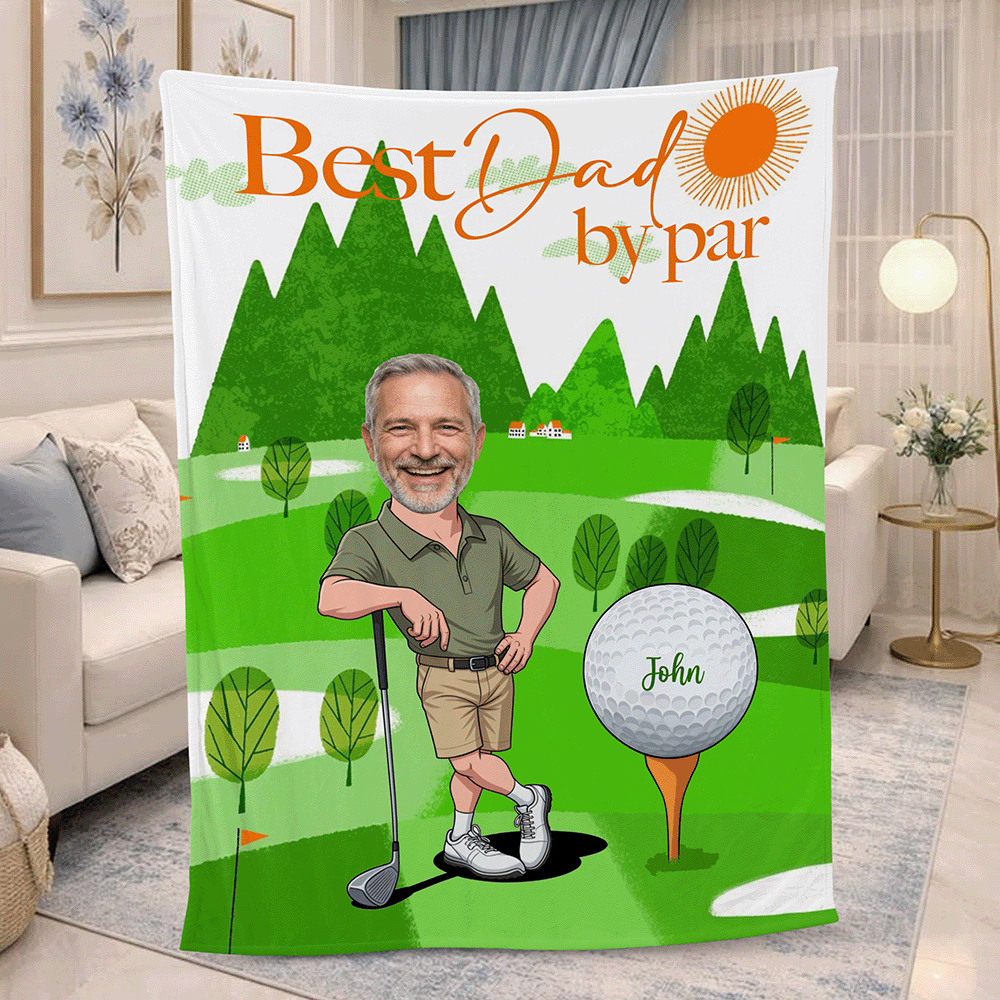 Custom Face Golf Dad Blanket – “Best Dad By Par” Personalized Photo Fleece Throw | Father’s Day Gift for Dad