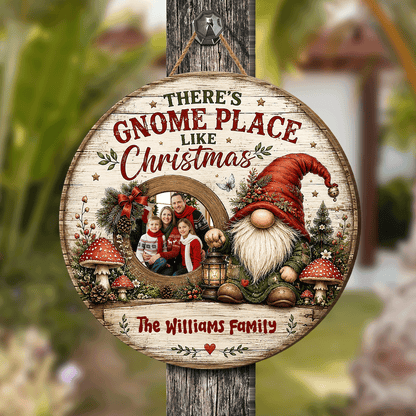 Personalized There's Gnome Place Like Christmas Photo Custom Shape Wood Sign, Custom Family Picture Name Nordic Gnome Lantern Wooden Hanging Plaque, Rustic Holiday Door & Wall Decor Family Gift