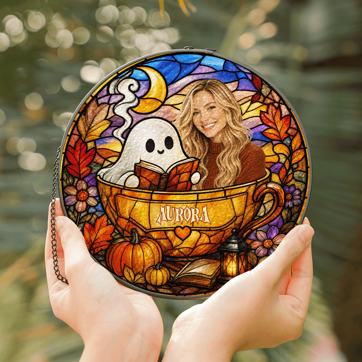 Personalized Halloween Ghost Reading Book Custom Photo Teacup Stained Glass Suncatcher Window Hanging Custom Name Home Wall Decor
