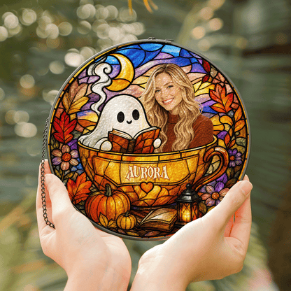 Personalized Halloween Ghost Reading Book Custom Photo Teacup Stained Glass Suncatcher Window Hanging Custom Name Home Wall Decor