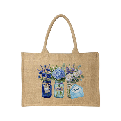 Personalized Blue Blossom Linen Handbag – Family Love Gift
