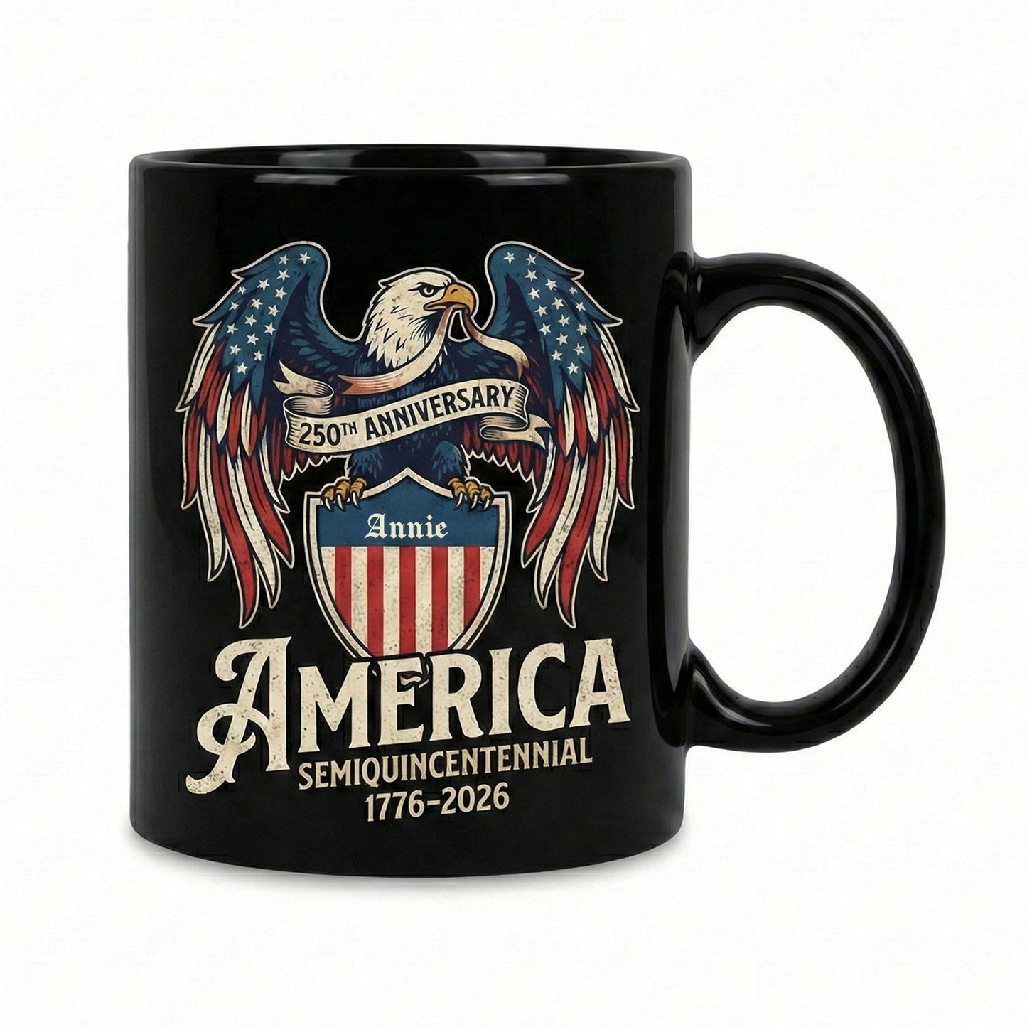 America 250th Anniversary Eagle Personalized Black Mug – USA Semiquincentennial 1776-2026 Patriotic Mug