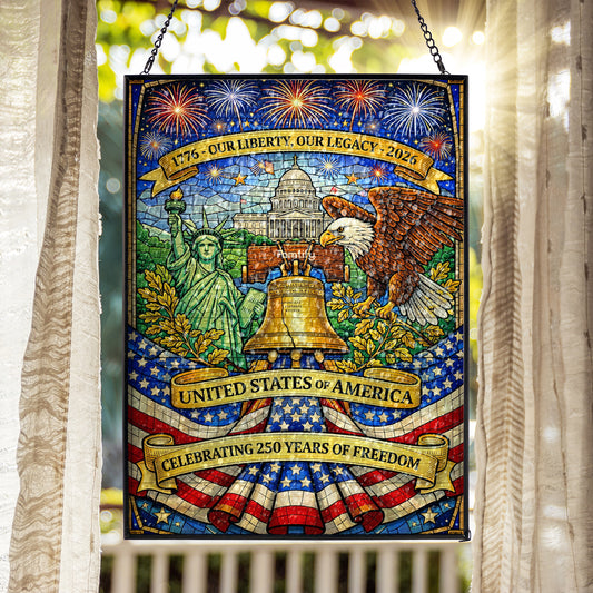 USA 250th Anniversary Stained Glass Suncatcher – Liberty Bell Eagle 1776–2026 Patriotic Window Hanging Decor