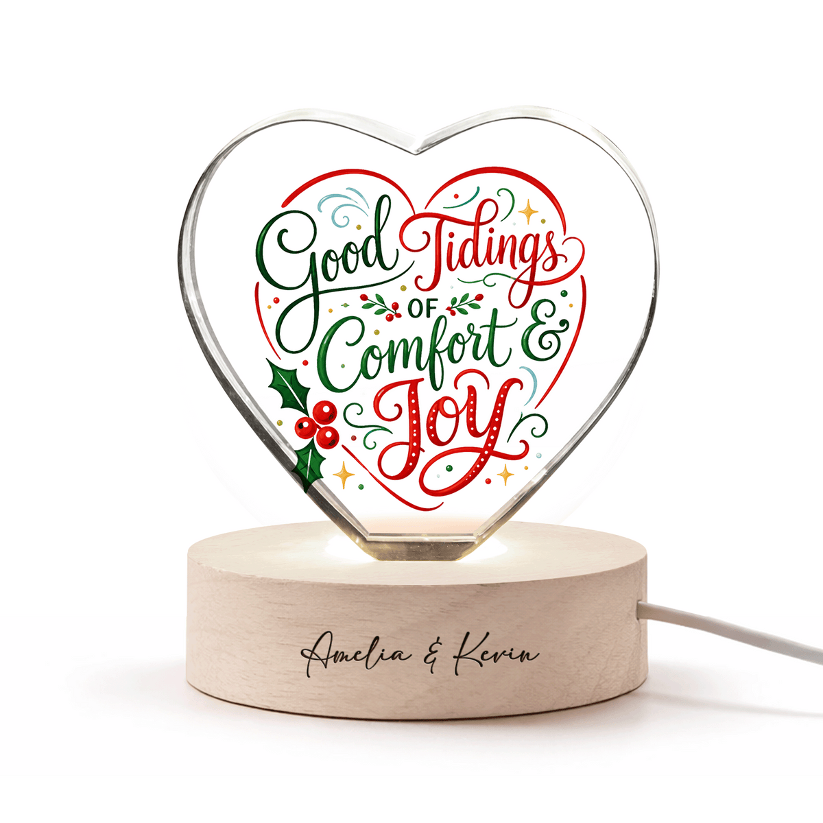 Custom Good Tidings Of Comfort And Joy 3D Laser Engraved Crystal Heart with LED Wooden Standee, Personalized Name Holiday Night Light Keepsake