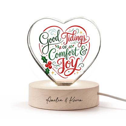 Custom Good Tidings Of Comfort And Joy 3D Laser Engraved Crystal Heart with LED Wooden Standee, Personalized Name Holiday Night Light Keepsake