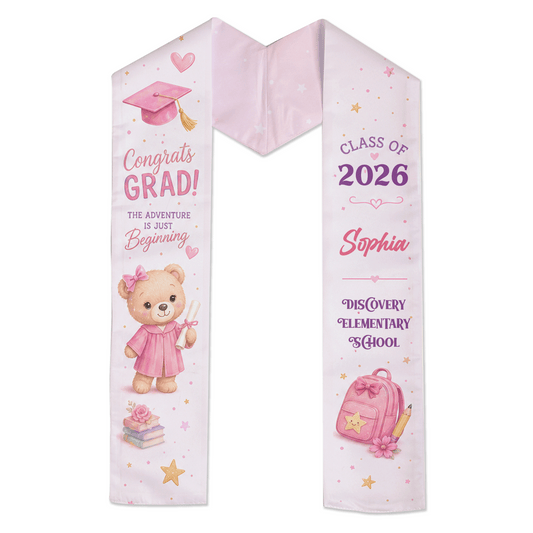 Personalized Congrats Grad Pink Kid Graduation Stole - Name and Year