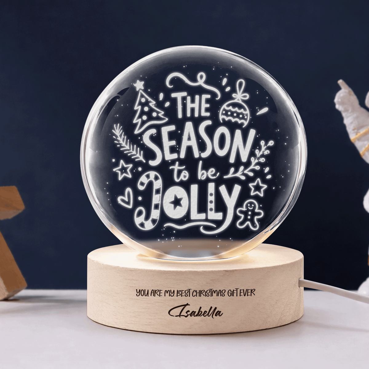 Custom Season To Be Jolly Typography 3D Laser Engraved Crystal Ball with LED Wooden Standee, Personalized Name Holiday Night Light Keepsake